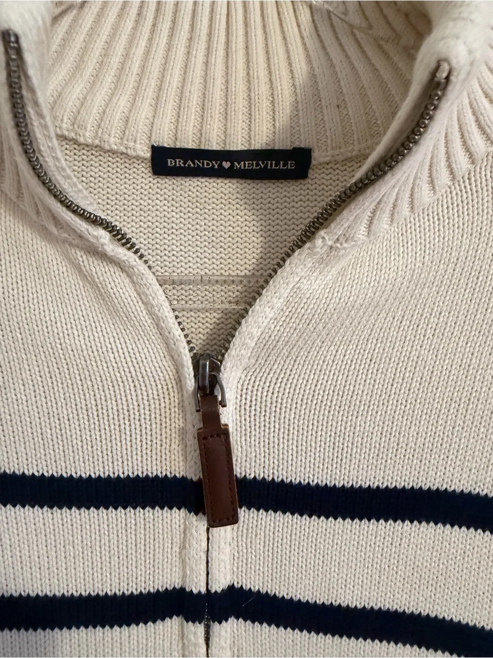 Brandy Melville ‘Aleah’ Cream and Navy Striped Half-Zip Sweater